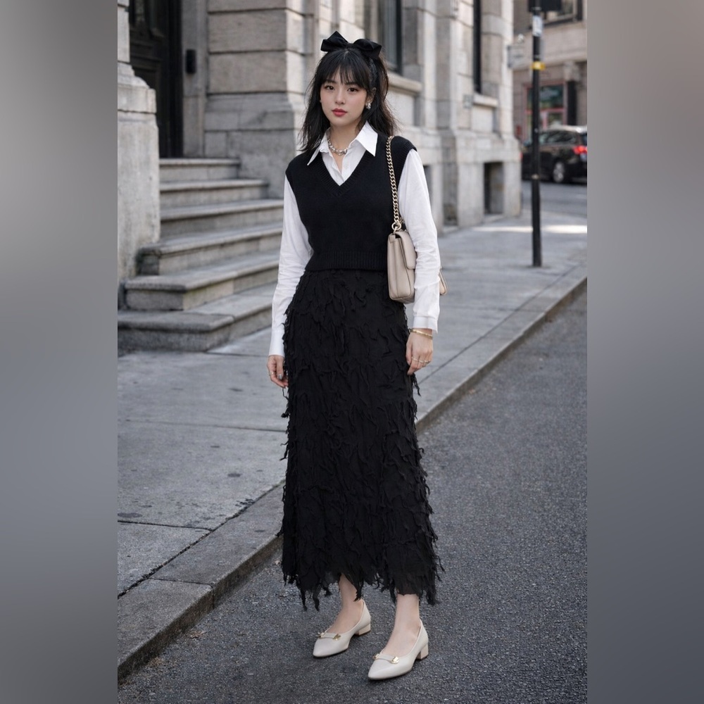 Trina Turk Black Silk Fringe Dark Romantic Ruffled Tier Whimsy Goth Maxi‎ Skirt